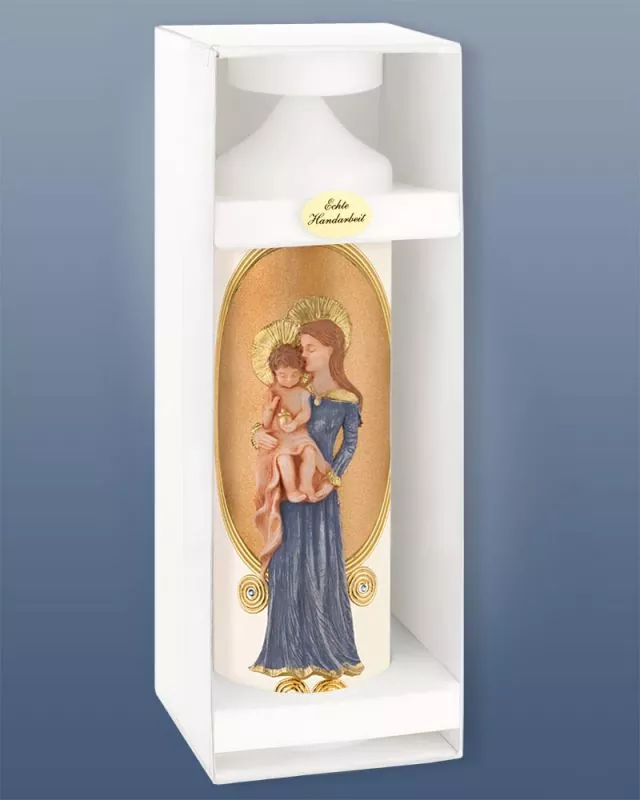 Madonnen Kerze 300x80 verziert mit Maria mit Kind