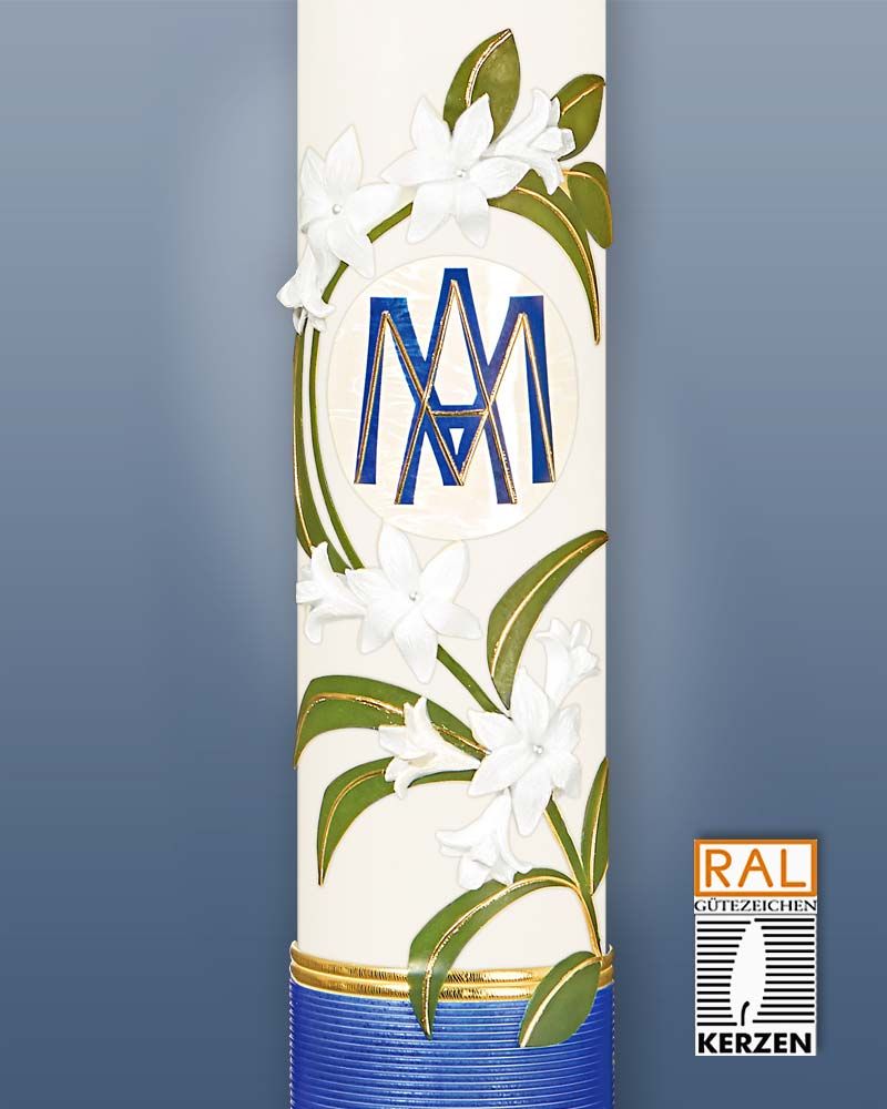Marienkerze 600 x 80 mm Ave Maria mit Liliendekor