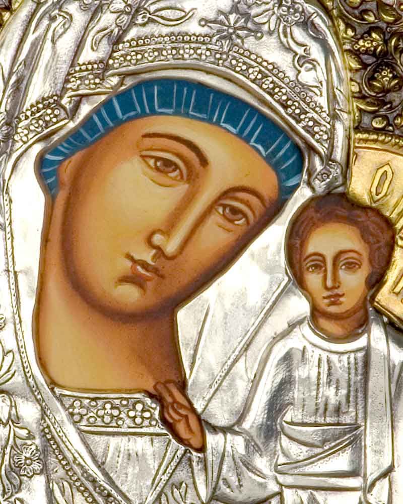 Ikone  31 x 27 cm Silber Oklat Maria mit Kind (Kazan)