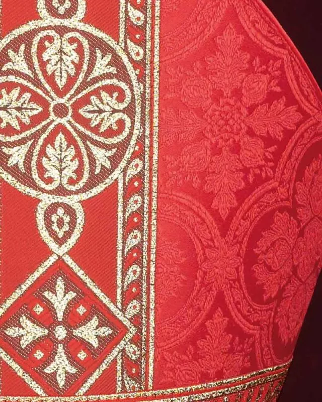 Nikolausmitra aus Damast rot, goldene Barockbordüre