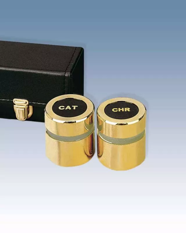 Ölgefäße CAT + CHR vergoldet, im Etui