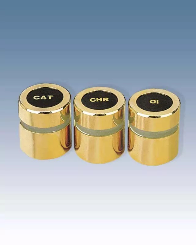 3 Ölgefäße INF, CAT und CHR vergoldet im Etui