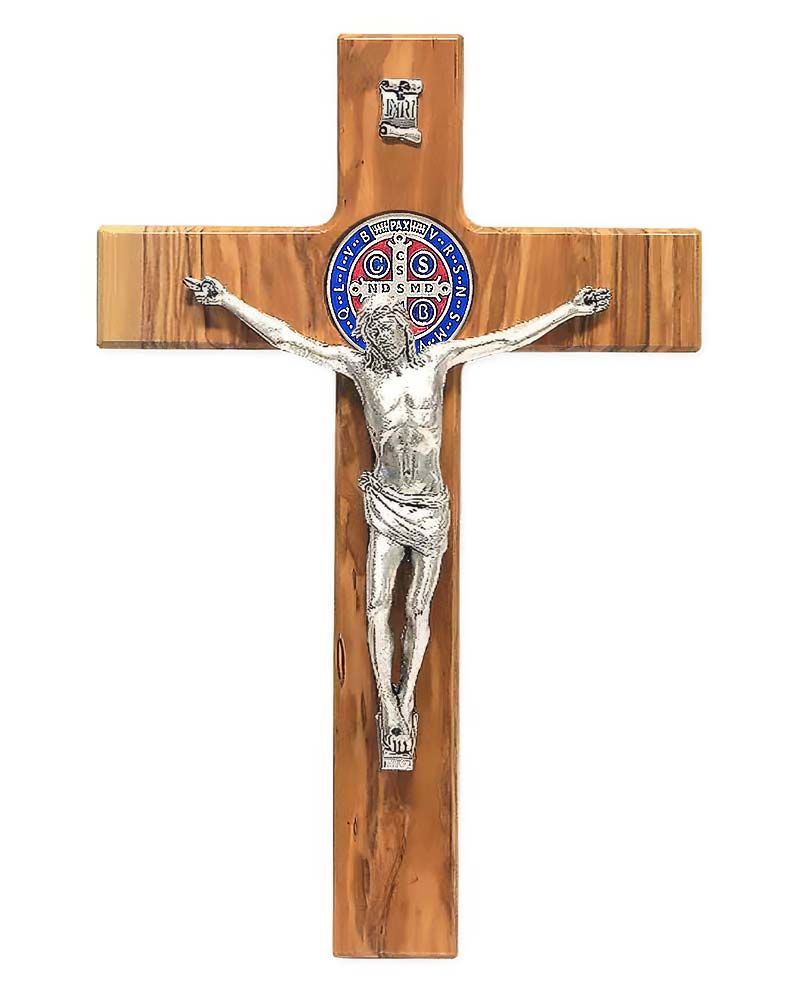 Wandkreuz Olivenholz 10,5 x 20 cm Benediktusmedaille