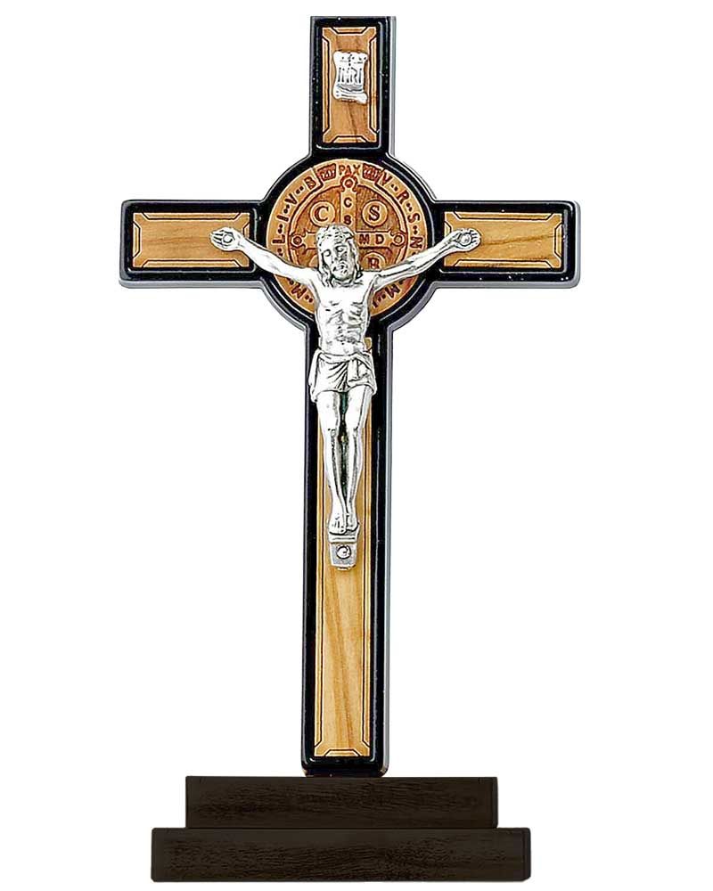 Stehkreuz mit Olivenholz 10 x 21 cm Bendediktusmedaille