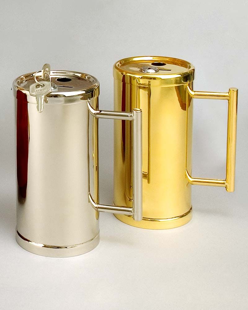 Opferbüchse mit Griff 14cm verschließbar MS vernickelt