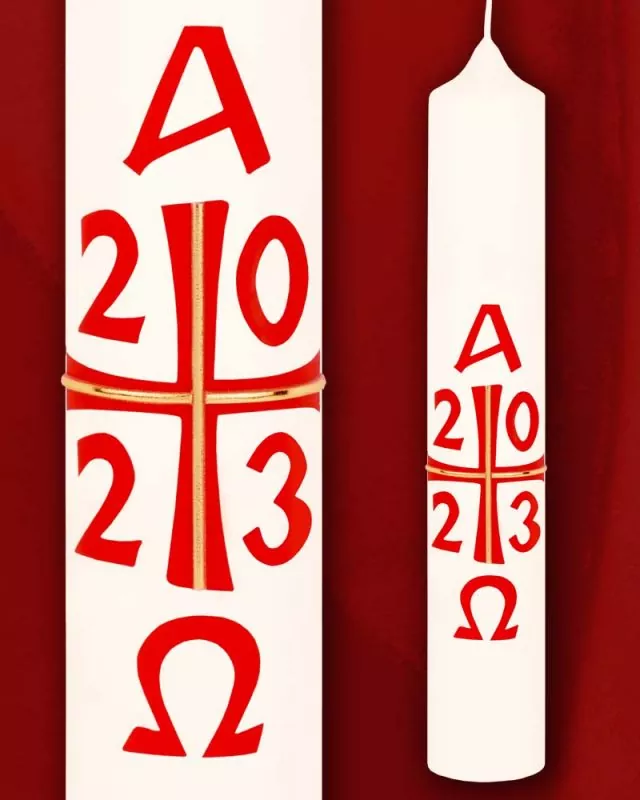Osterkerze 250 x 40 mm Kreuz A+O mit Jahreszahl