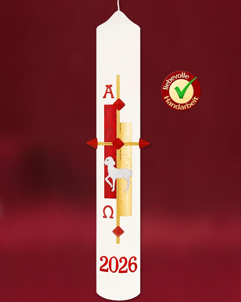 Osterkerze "Gloria" rot & gold mit Lamm 400 x 60 mm