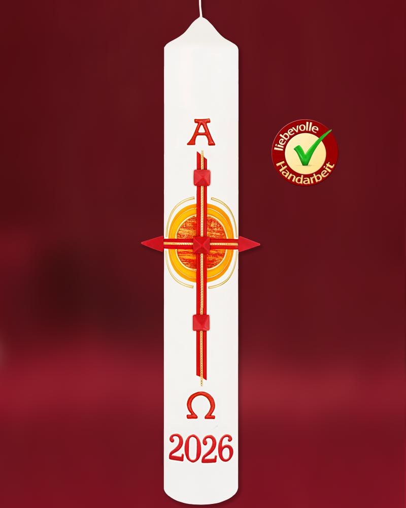 Osterkerze 400 x 60 mm, Ostersonne Kreuz mit Nägeln