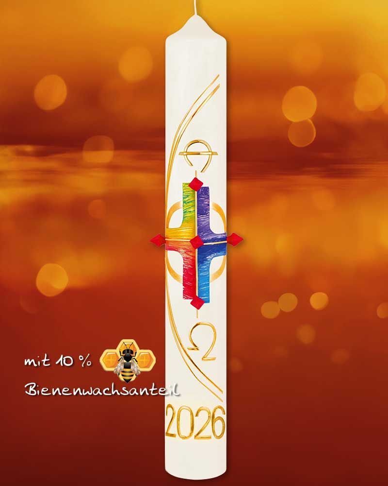 Osterkerze 600 x 70 mm Regebogenkreuz & Nägel