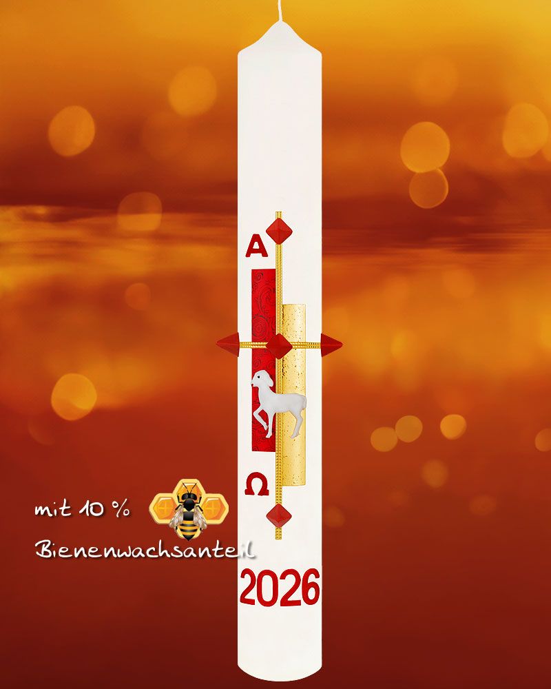 Osterkerze "Gloria" rot & gold mit Lamm 800 x 80 mm