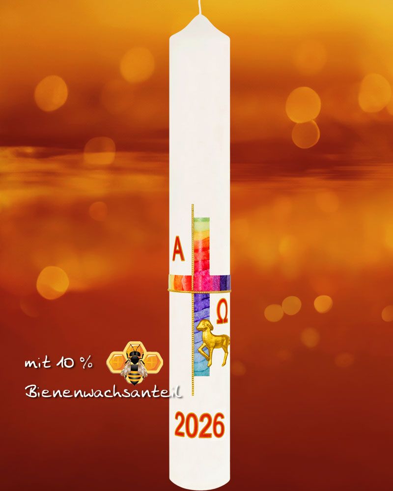 Osterkerze 600 x 80 mm mit Osterlamm, Kreuzdekor