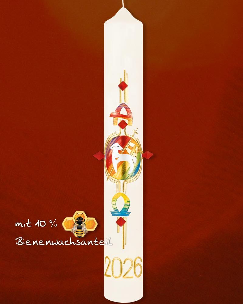 Osterkerze 600 x 80 mm Lamm Goldkreuz & Nägel