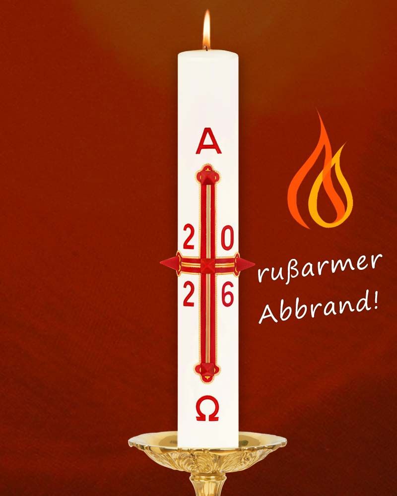 Osterkerze 400 x 60 mm A+O Kreuz klassik rot & gold