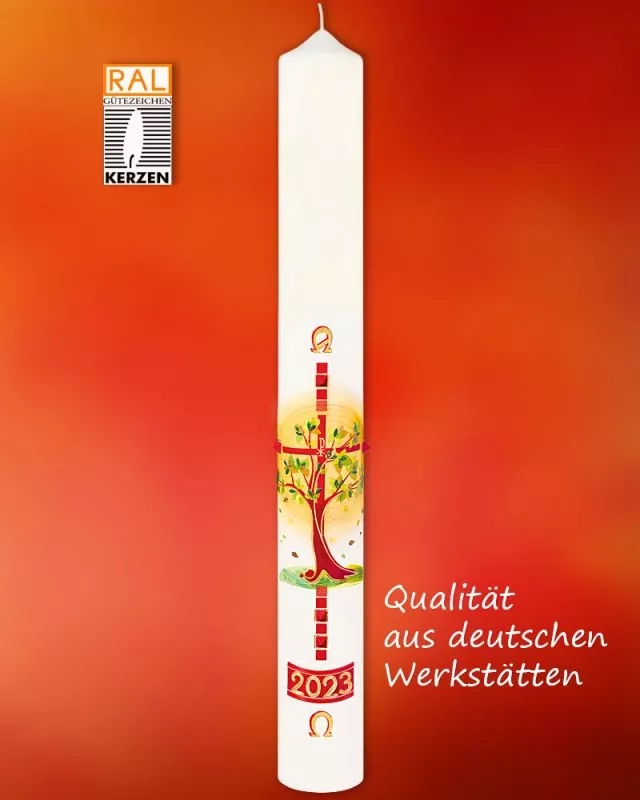 Osterkerze 800 x 80 mm Lebensbaum mit Sonne