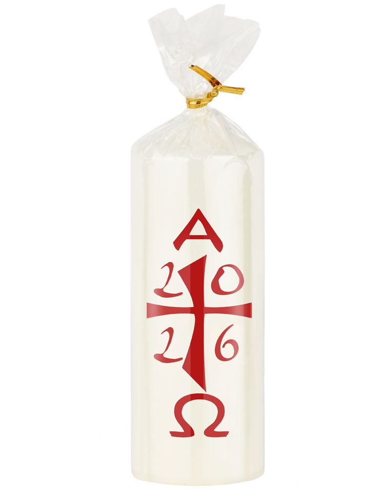 Tischkerze 150 x 60 mm rot Ostern A + O mit Jahreszahl