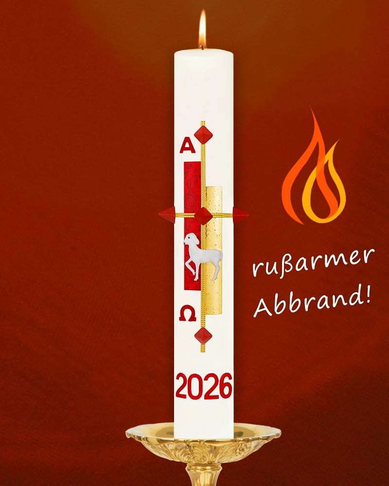 Osterkerze "Gloria" rot & gold mit Lamm 600 x 80 mm