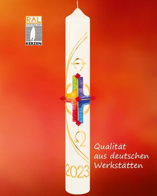 Osterkerze 800 x 80 mm Regebogenkreuz & Nägel