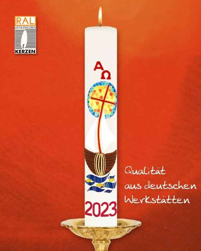 Osterkerze 600 x 80 mm Schiff mit Mosaiksonne