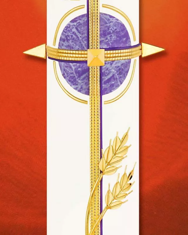 Osterkerze 600 x 80 mm RAL violett, Kreuz mit Ähren