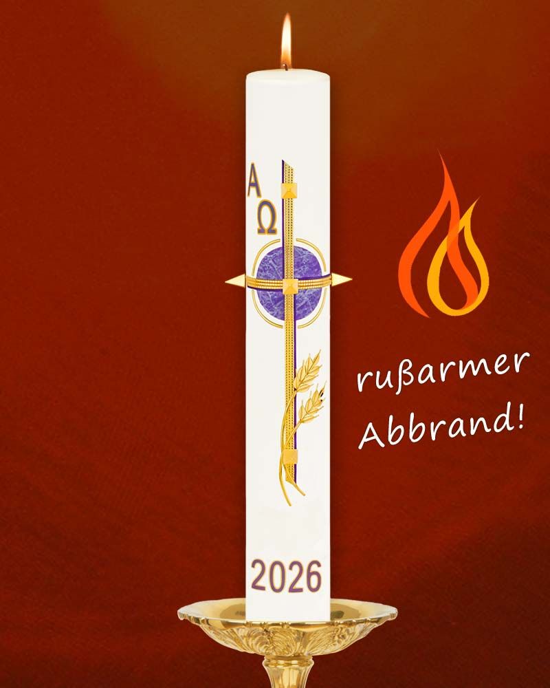 Osterkerze 600 x 80 mm RAL violett, Kreuz mit Ähren