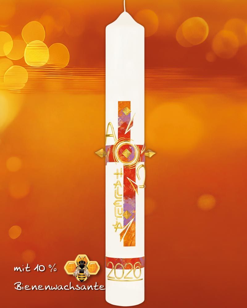 Osterkerze 800 x 80 mm Kreuz rot, orange, lila marmoriert