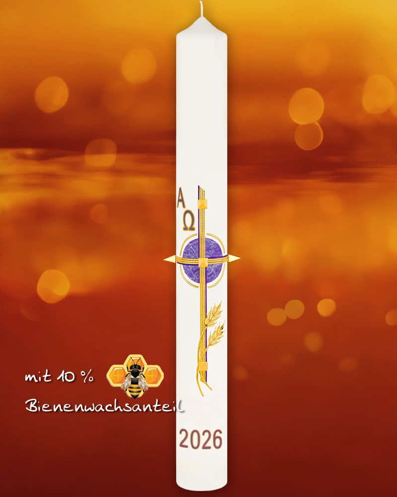 Osterkerze 800 x 80 mm violett Kreuz mit Ähren