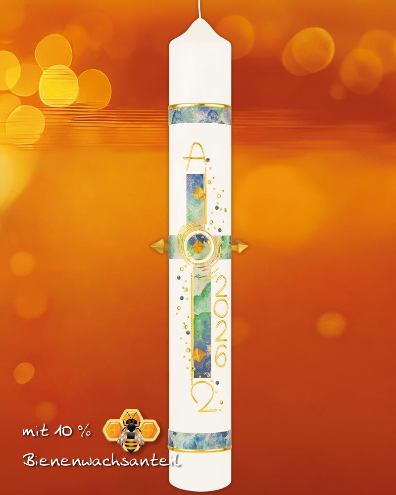 Osterkerze  800 x 80 mm Kreuz blau, grün marmoriert