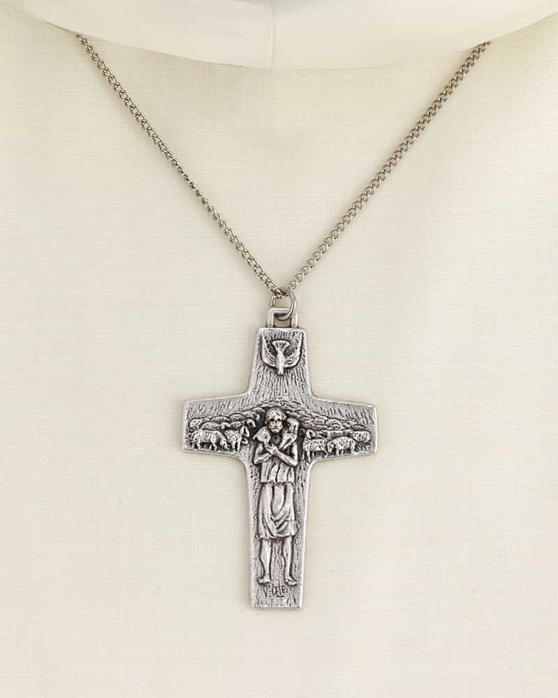 Kreuz Anhänger Guter Hirte versilbert 7 x 5 cm mit Kette