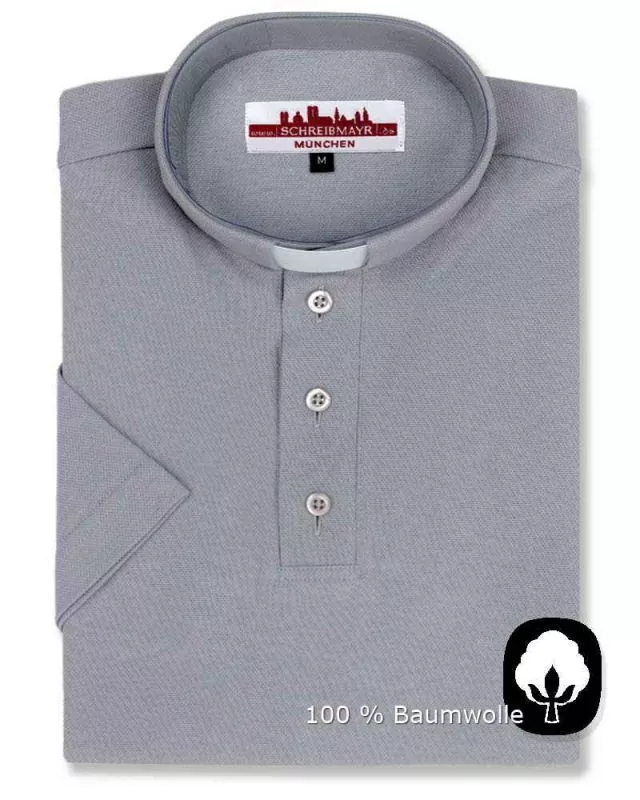 Priesterpolo 100% Baumwolle hellgrau Halbarm Gr.M-4XL