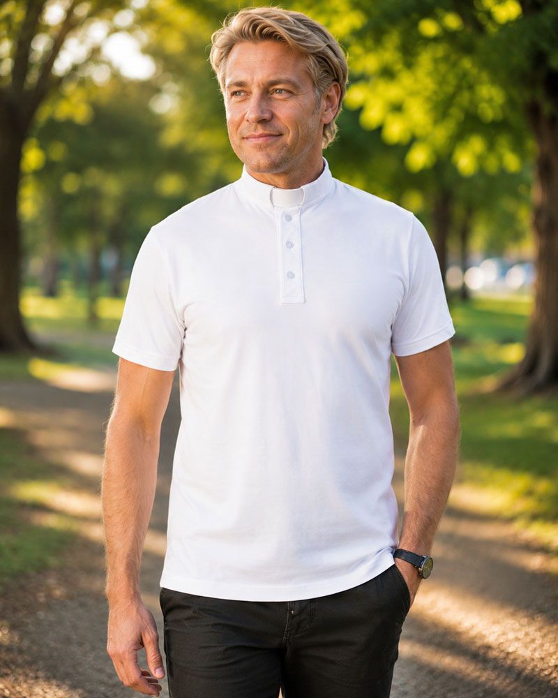 Priesterpolo Baumwolle weiß Halbarm, Größe M - 4XL