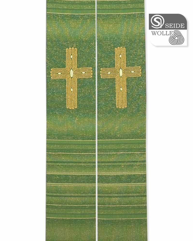 Stola grün Seide & Wolle 140 cm Kreuz goldgestickt