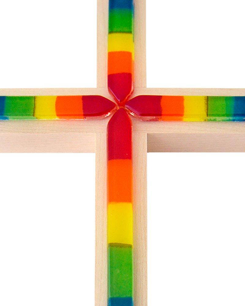 Wandkreuz Ahorn 20x14 cm mit bunter Glas-Auflage
