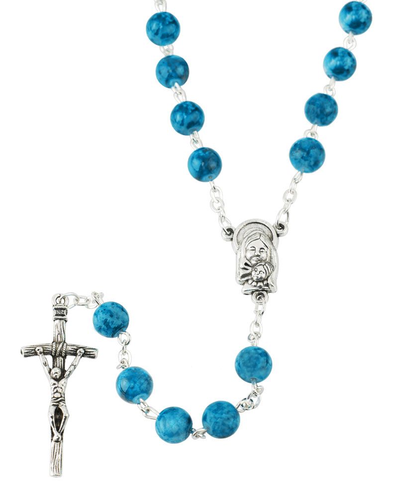 Rosenkranz mit Glasperlen blau 8 mm Ø Antikfassung