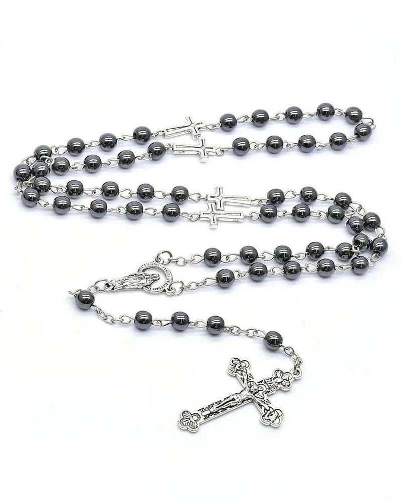 Rosenkranz Perlen Hämatit, 6 mm Ø, versilbert gekettelt