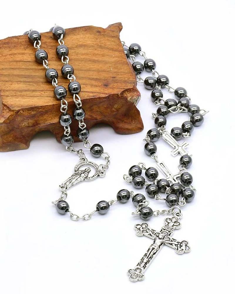 Rosenkranz Perlen Hämatit, 6 mm Ø, versilbert gekettelt