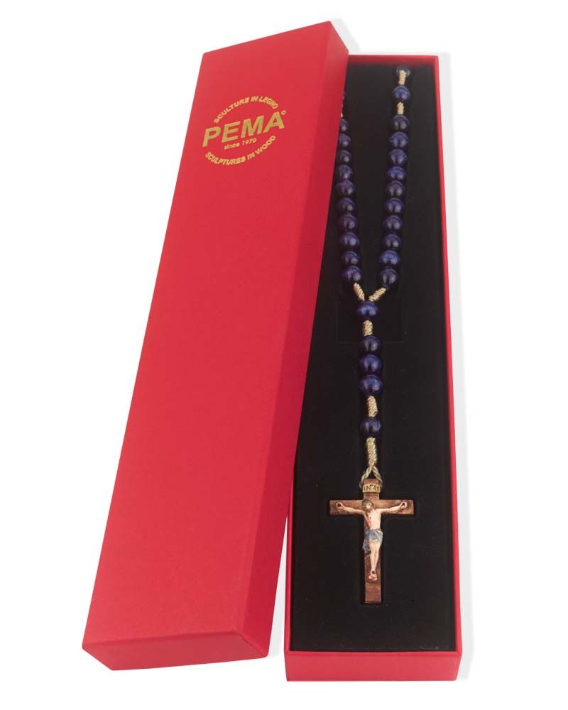 Rosenkranz Holzperlen blau 8 mm Ø, Kreuz geschnitzt