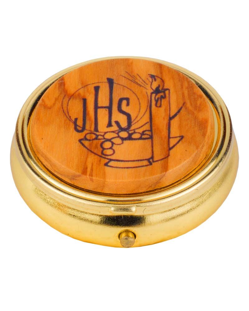 Rosenkranzdose 48 mm Ø mit Holzemblem IHS