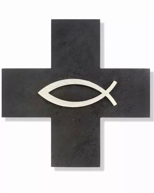 Schieferkreuz 12 x 12 cm mit Fisch aus Edelstahl