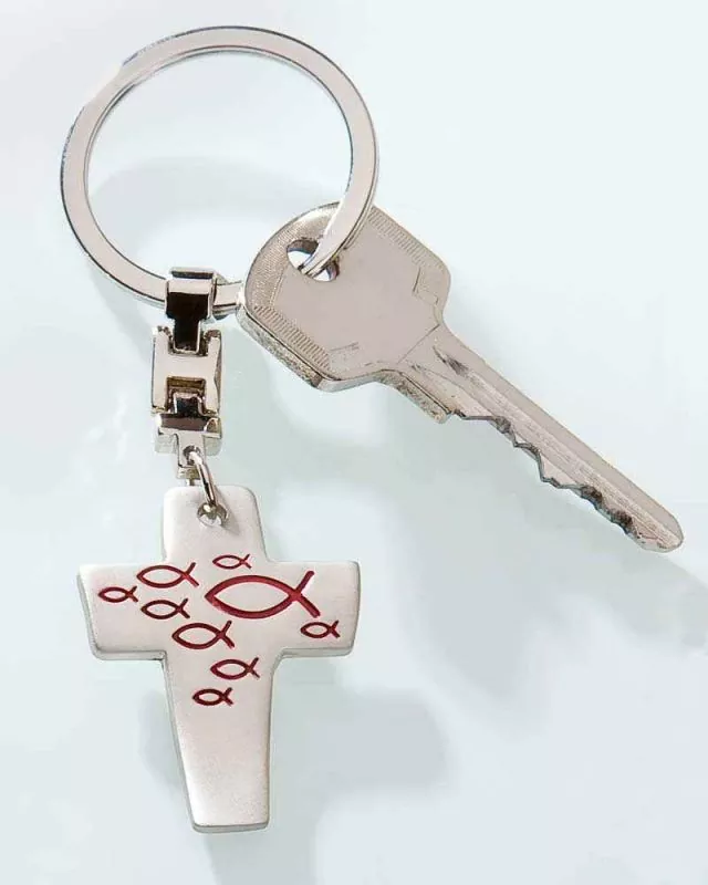 4 x Kreuz Schlüsselanhänger Fischsymbol, vernickelt matt