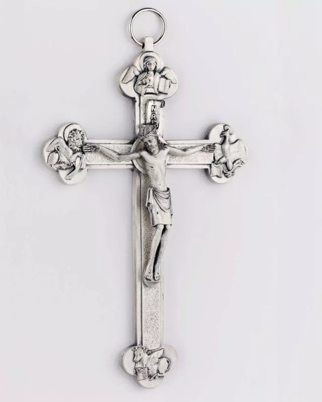 Kreuz 4 Evangelisten 13,5 cm antik Silber, mit Christusköper