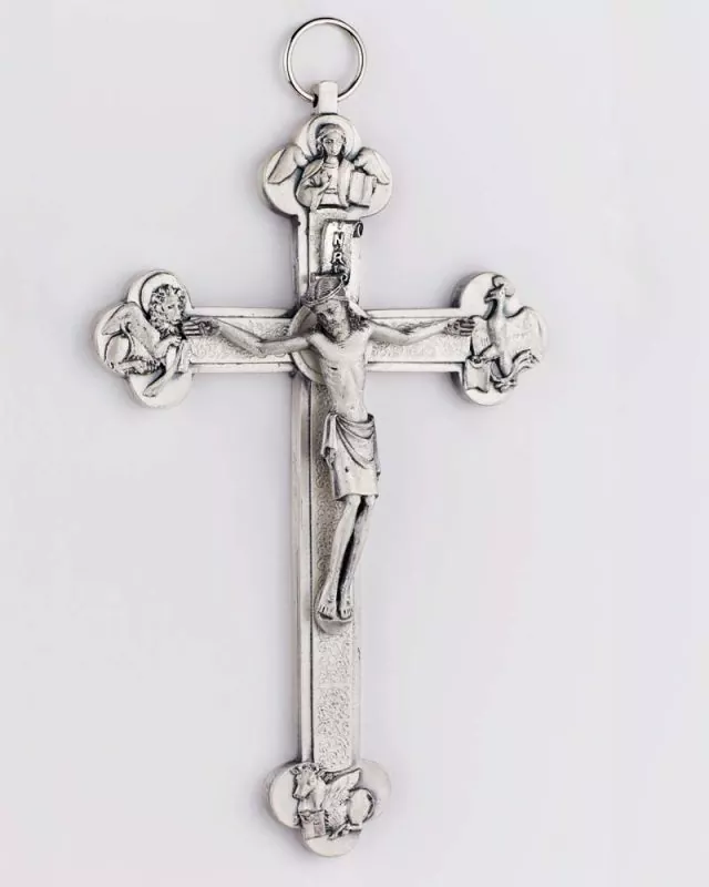 Kreuz 4 Evangelisten 13,5 cm antik Silber, mit Korpus