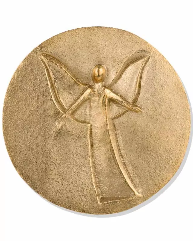 Bronzeplakette 10 cm Ø Relief Schutzengel