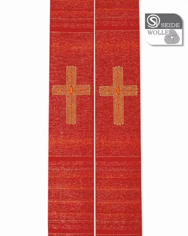 Priesterstola rot, mit Lurex, 140 cm Kreuze goldgestickt