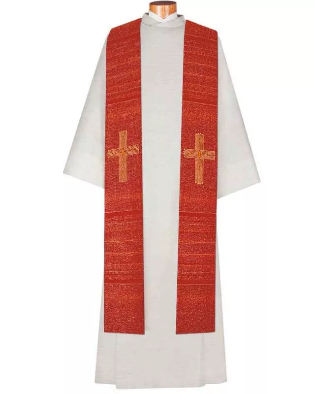 Priesterstola rot, mit Lurex, 140 cm Kreuze goldgestickt