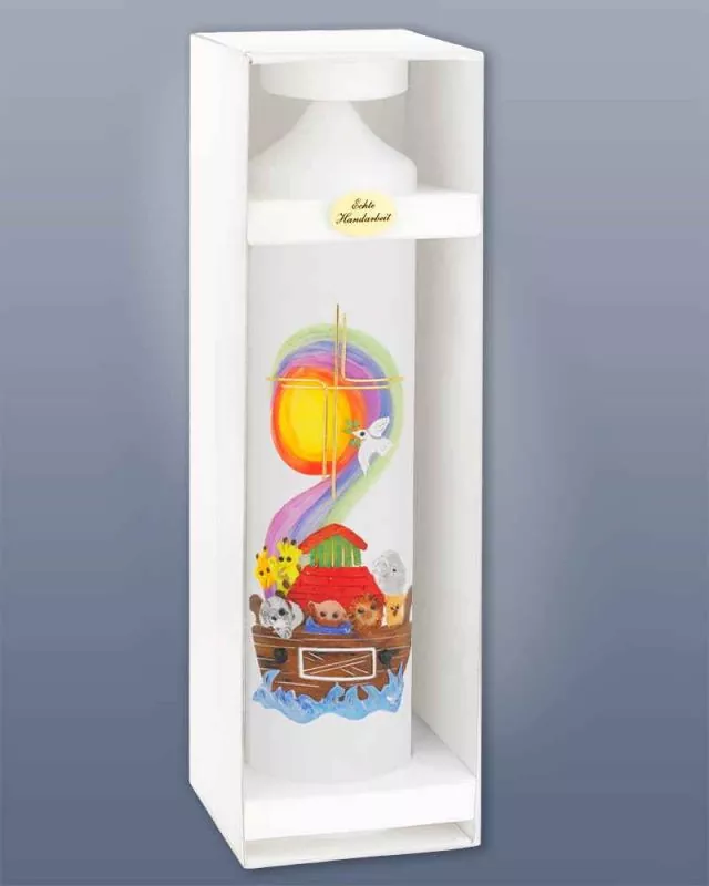 Taufkerze Arche Noah mit Regenbogen 265 x 60 mm Taufkerze Arche Noah mit Regenbogen 265 x 60 mm