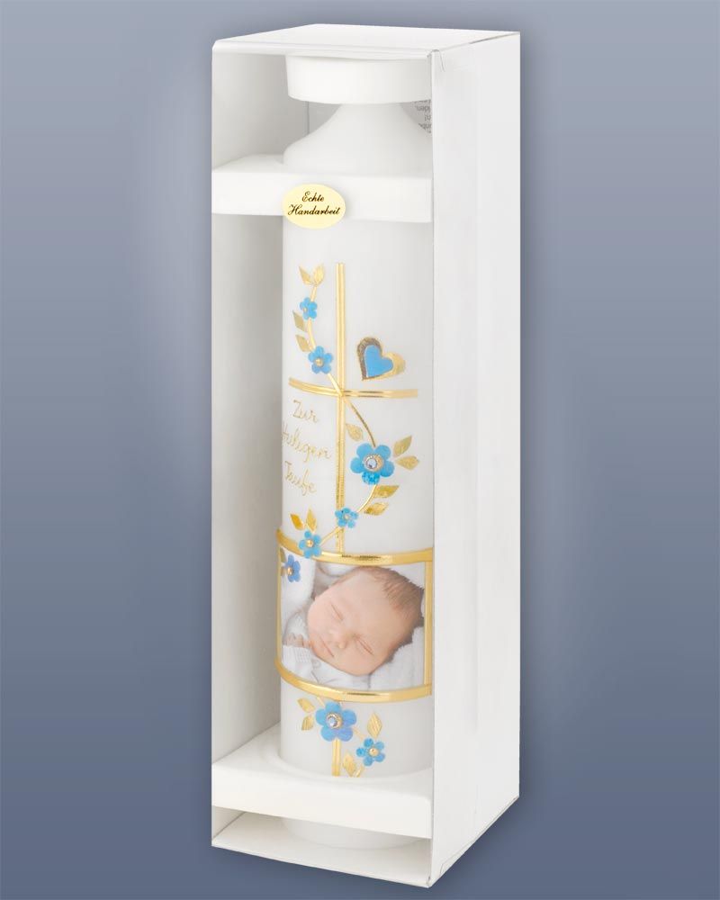 Taufkerze Foto Junge blau 265 x 60 mm personalisiert