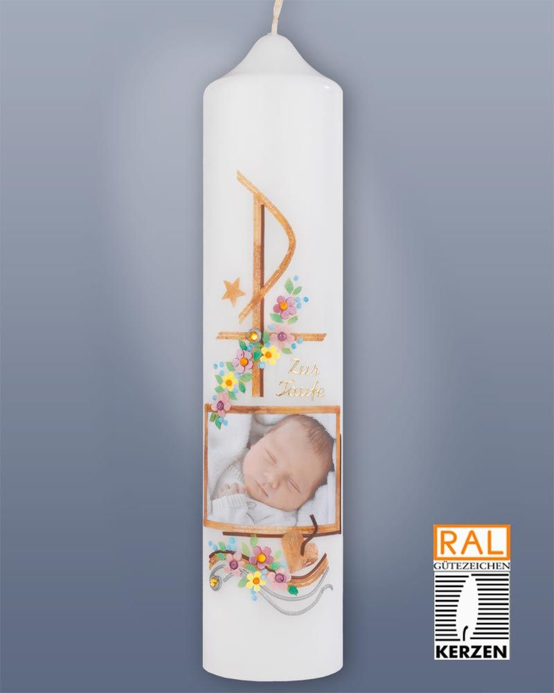 Taufkerze PX - 265 x 60 mm mit Foto des Täuflings