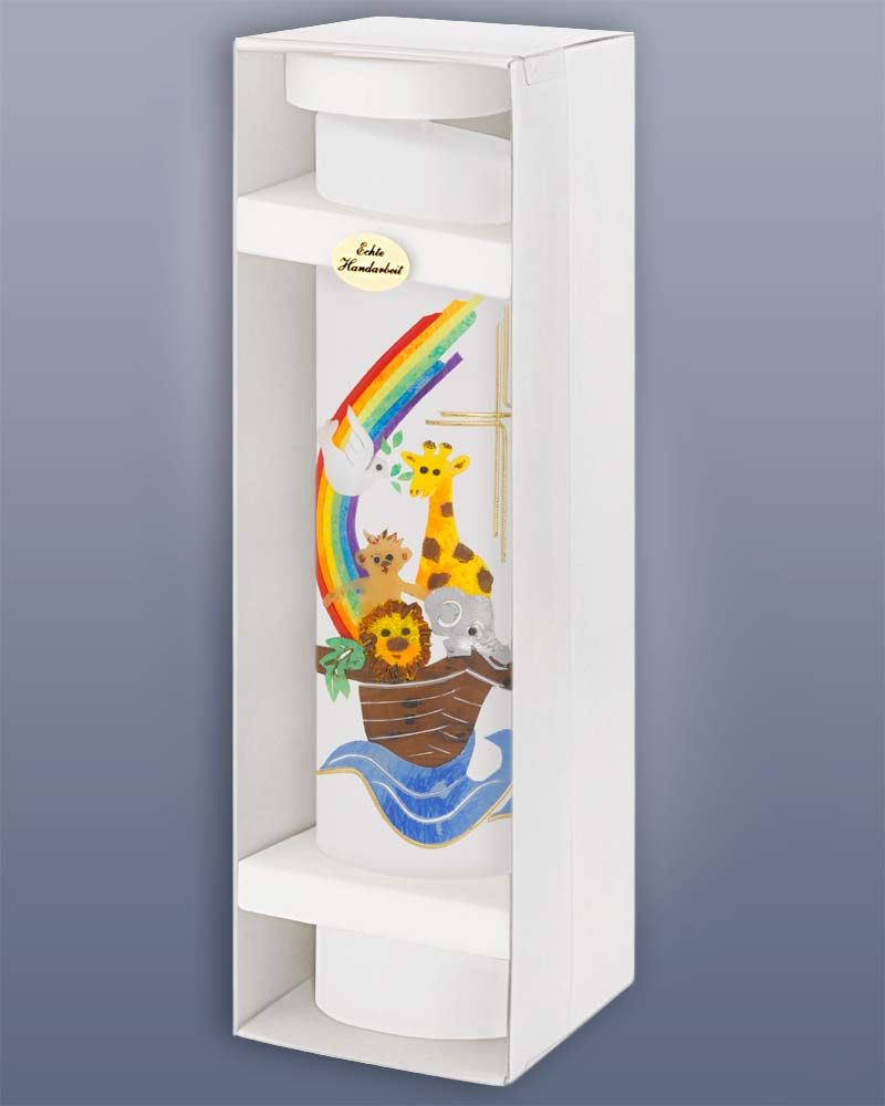 Taufkerze Arche Noah oval 240mm Regenbogen, Kreuz