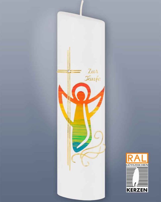 Taufkerze Engel oval Kreuz und Regenbogen 240 mm