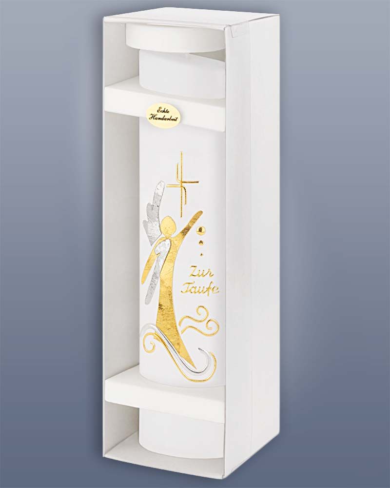 Taufkerze mit Schutzengel oval 240 mm Gold & Silber